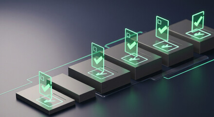Digital Voting System: Securely casting votes with electronic ballot boxes and holographic checkmarks for accuracy and transparent elections.
