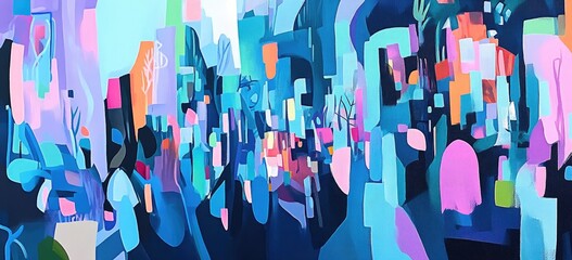 Abstract cityscape of vibrant geometric shapes