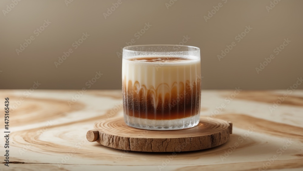 Poster refreshing latte coffee in a glass resting on a wood table