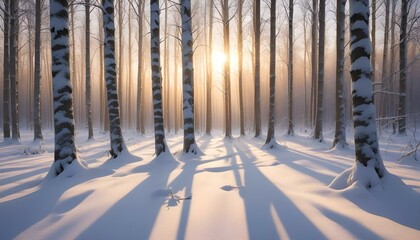 Winter forest at sunrise, with snow-covered trees casting long shadows on the snow.