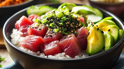 Delicious Hawaiian Poke Bowl with Tuna, Avocado, and Rice