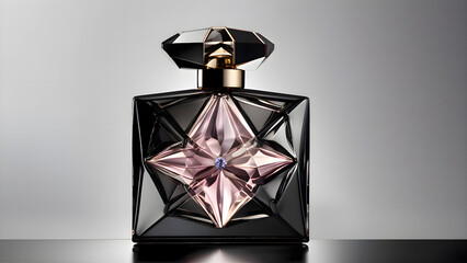 Fototapeta premium Perfume bottle displayed on a tabletop in a minimal scene with soft light emphasizing the simplicity and elegance of the item