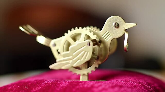 Mechanical Golden Bird Toy on Red Velvet Cushion with Gears and Clockwork