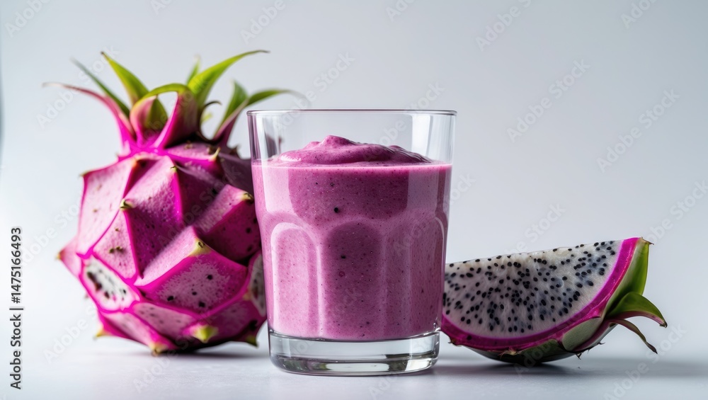 Poster tasty smoothie displayed in a glass with vibrant fresh fruits on a white setting