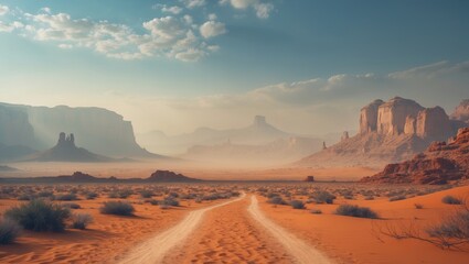 Naklejka premium National park outdoor environment showcasing orange sand, haze, and clouds in a desert landscape for offroad travel