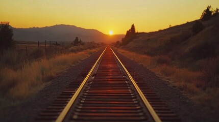 Fototapeta premium A long stretch of railway tracks disappearing into the horizon at sunset, with warm orange hues reflecting off the rails, symbolizing travel, adventure, and endless possibilities.