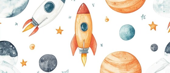 Watercolor Rocket and Planets Seamless Pattern Illustration for Kids Room Decor and Textile Design on White Background