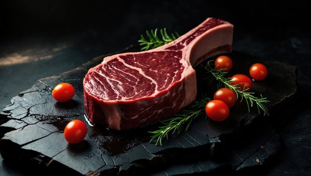 Uncooked porterhouse or T-bone meat set against a black backdrop