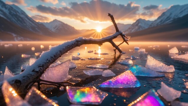 Winter scene of a lake, ice, and trees