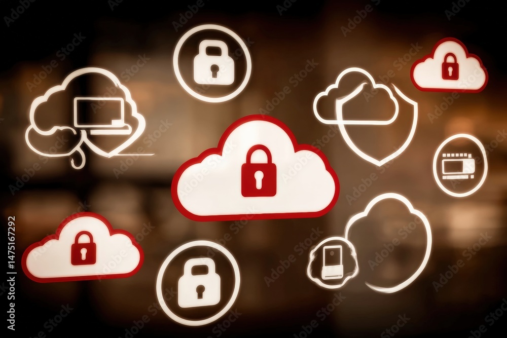 Poster cloud icons with padlocks symbolize secure cloud storage, data protection, and digital cybersecurity