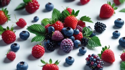 Obraz premium Various ripe wild berries such as bilberry, huckleberry, and whortleberry on white background, full depth of field, isolated with clipping path