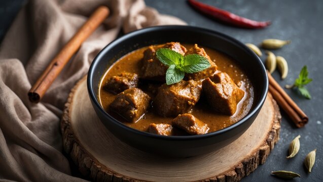 Bowl of savory beef or mutton curry with spices, a tasty non-vegetarian side dish