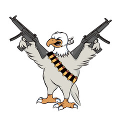 Cartoon eagle mascot with gun, urban animal character illustration.