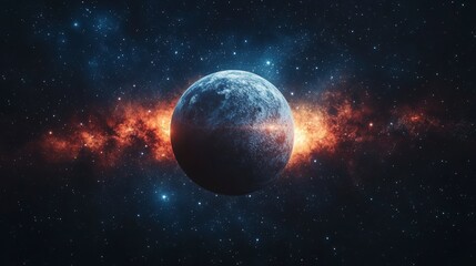 Cosmic sphere A mottled planet amidst starry expanse, engulfed by vibrant orange nebula clouds