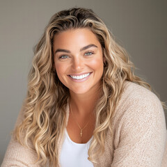 Fototapeta premium Smiling woman with long, wavy hair wearing light sweater, showcasing warm and friendly expression