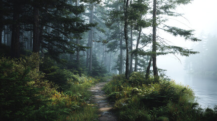 Obraz premium Foggy Lakeside Forest