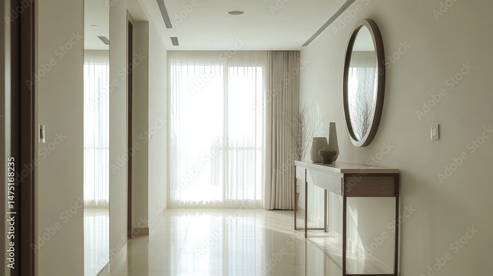 Aufkleber A minimalist hallway with a simple console table, a large mirror, and a few decorative elements, emphasizing clean lines and open space.