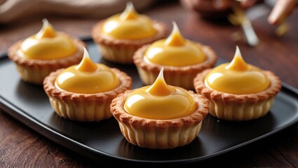 A mouthwatering exhibition of freshly baked egg tarts, characterized by golden, flaky crusts that complement the creamy, caramelized filling.