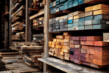 Stacked wood planks on spacious storage racks
