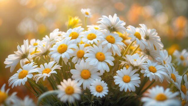 Full bloom wild chamomile flowers in a summer landscape with a floral background