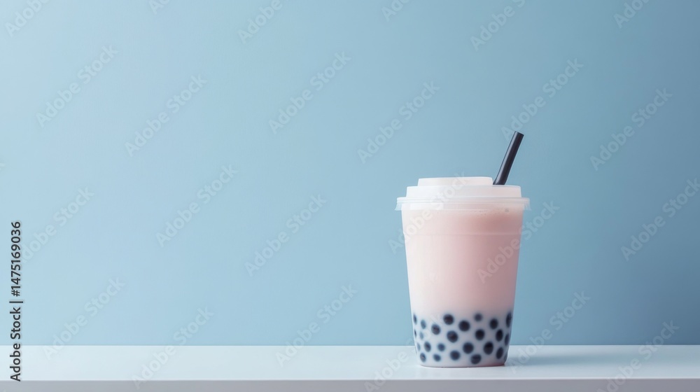 Poster A minimalist setting with a single cup of bubble tea on a white table, emphasizing its simplicity and elegance with a clean, uncluttered background.