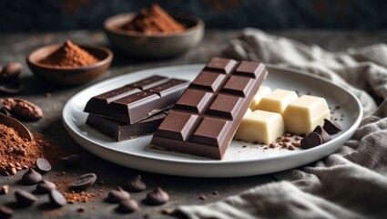 Assorted dark, bitter, milk, and white chocolates highlighted by cocoa butter, cacao powder, and cacao beans