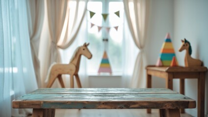 Desk made of wood in a blurred room background