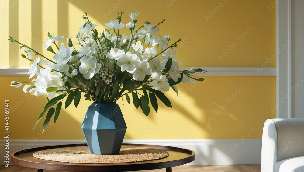 Poster vase with flowering branches on a coffee table next to the wall inside a room