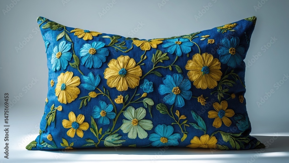 Poster cushion for couch with decorative features set against a background