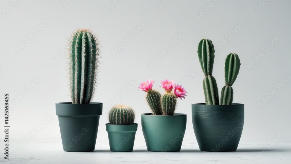 Poster Group of diverse potted cacti featuring different textures and forms on white backdrop
