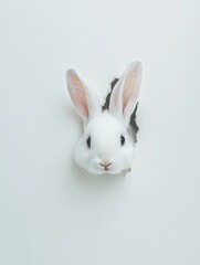 Obraz premium Cute white bunny peeking through a hole in white paper studio shot close up adorable animal Easter concept