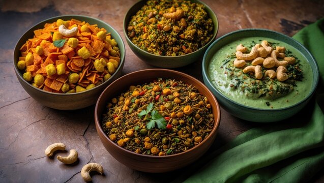 Top View of Spicy Namkeen, Dal, and Nuts with Green Leaves and Brown Background