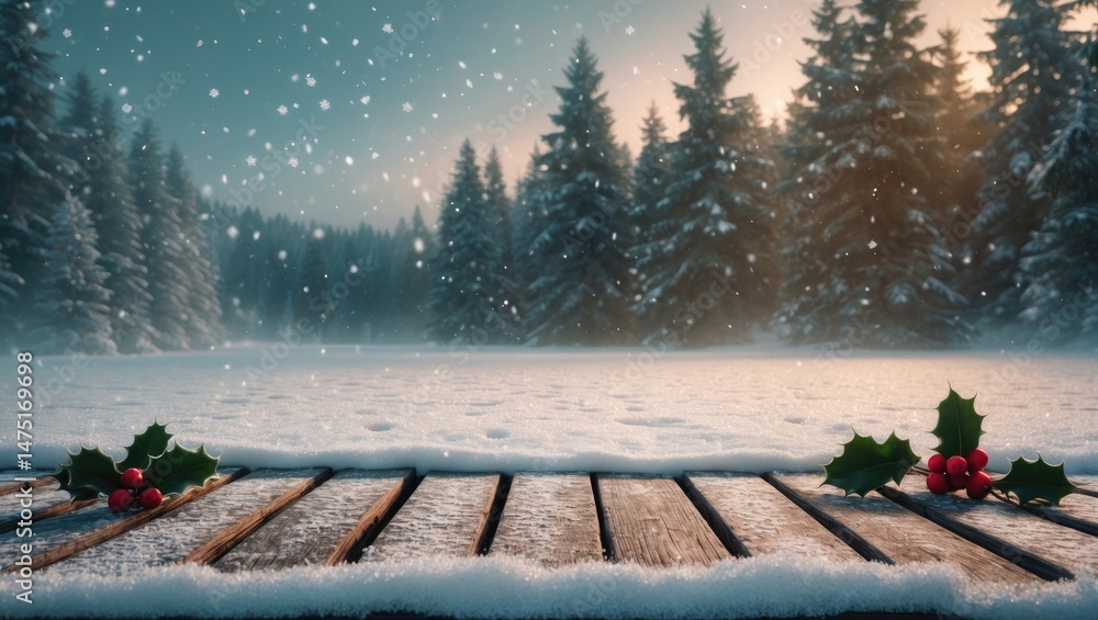 Fototapete festive background displaying snow-covered trees and winter landscape with a table setting