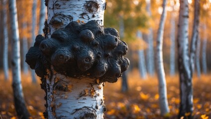 Tree trunk host of chaga mushroom, a black mass and canker polypore fungus, brewed as herbal tea for health benefits.