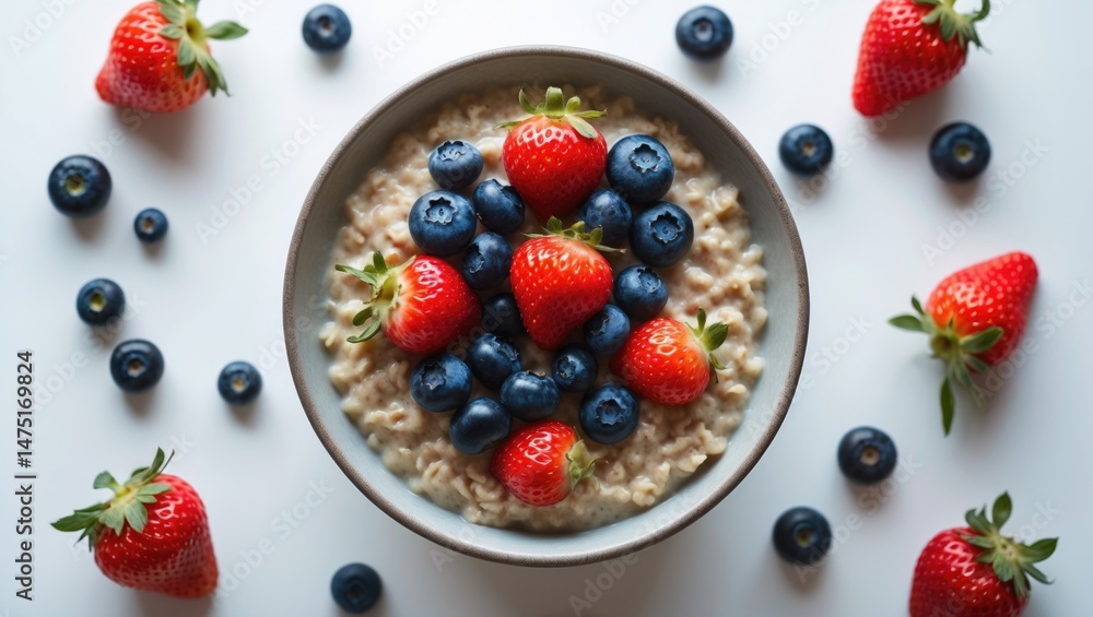 Poster homemade oatmeal with blueberries and strawberries served in a bowl, top view on plain background
