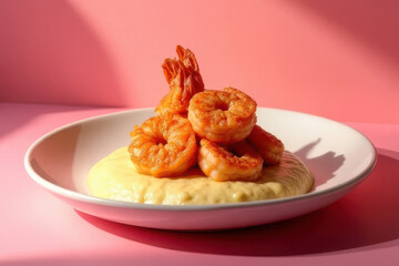 Tempting Shrimp and Grits on Soft Pink Background: Clean Food Photography with Candlelight Radiance