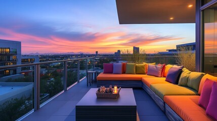 A modern balcony featuring a glass railing, a sleek outdoor sofa with colorful cushions, and a low coffee table, ideal for enjoying evening sunsets and city views.