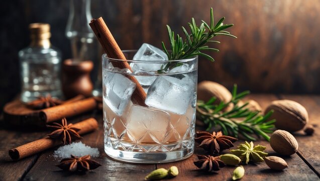 Elegant gin and tonic beverages with herbs, fruits, and bartender tools in a bar setting