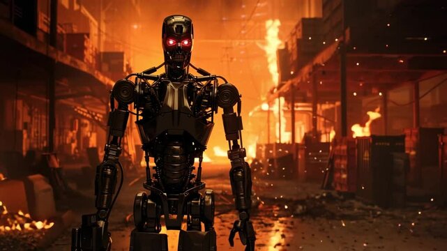 A highly advanced robot walking through fire in a warehouse