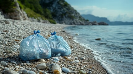 Blue bags full of trash on a pebble beach with the ocean and rock formation background