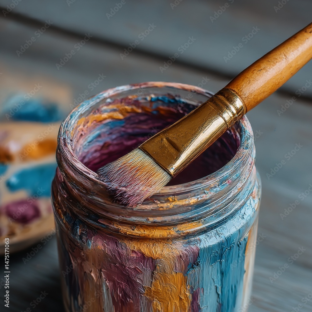 Poster a painter's palette: close-up of a brush dipped in a jar of vividly mixed colors