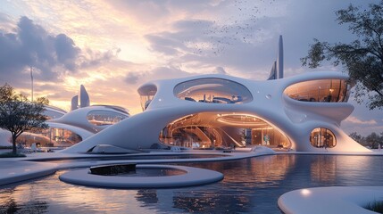 Futuristic architectural complex with organic curves and pools.