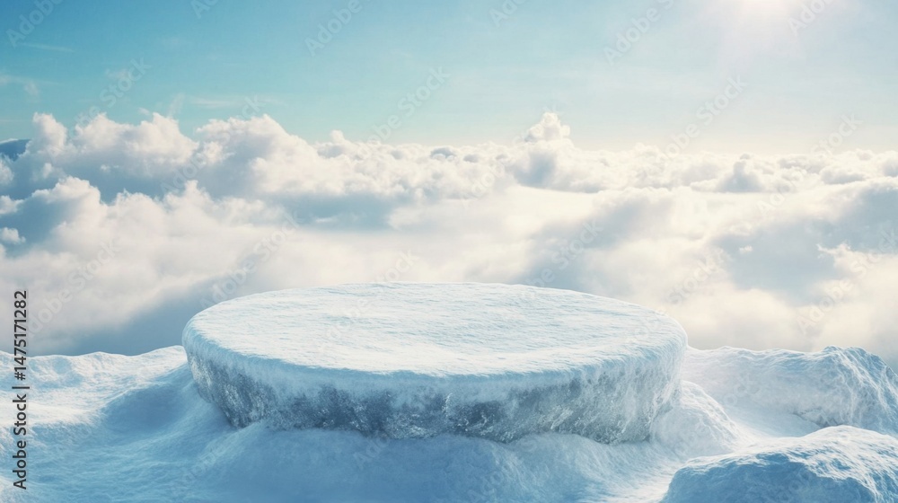 Poster snowy round platform display against cloudy sky backdrop product showcase stage mockup scene