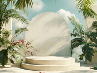 Tropical podium display in sunlit garden setting, product showcase with palm trees and floral accents, idyllic