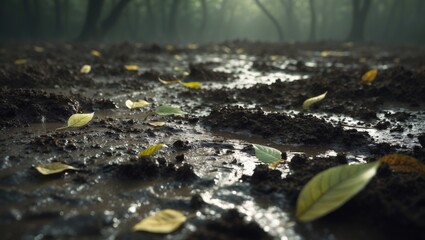 soggy ground scattered with foliage and shoe prints