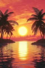 Tropical Paradise Sunset Reflecting on Ocean Waters with Palm Trees Silhouette in Golden Hour Light