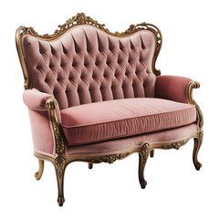 Elegant Dusty Rose Velvet Loveseat With Intricate Gold Frame On White Background