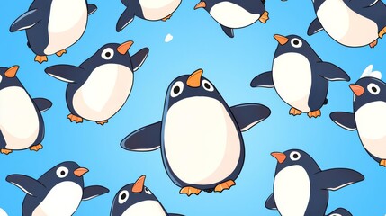 Obraz premium A playful illustration featuring cheerful penguins in a bright blue background, perfect for fun and whimsical designs.