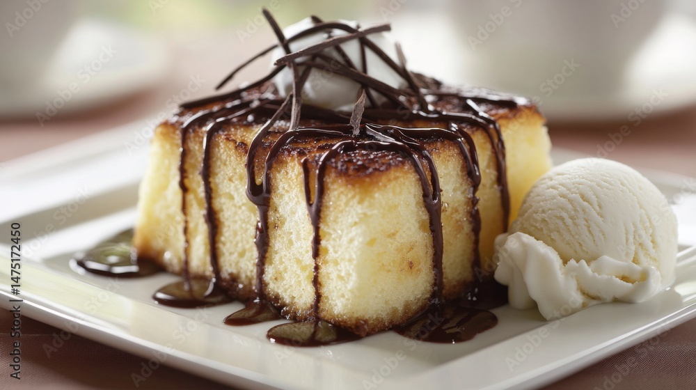 Poster a mouthwatering display of honey toast with rich chocolate drizzle, served with a side of ice cream,