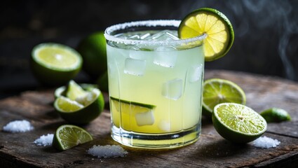 Fototapeta premium Margarita. Classic cocktail recipe. Composed of tequila, fresh lime juice, agave syrup, and orange juice. Served chilled in a rimmed glass over ice and topped with a lime.